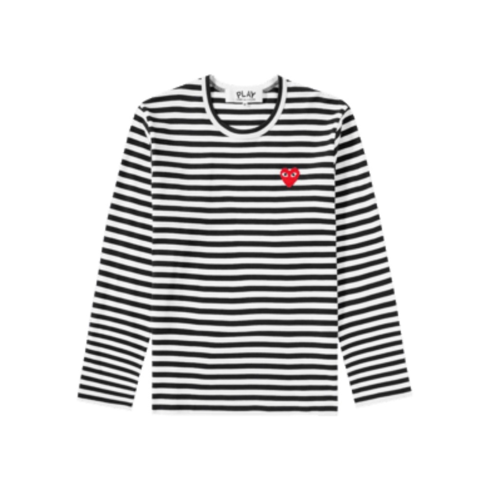 COMME DES GARÇON PLAY Blk &Whte Striped Heart Tee